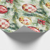 Feestelijke rode vintage kerst Ornamenten Cadeaupapier (Hoek)