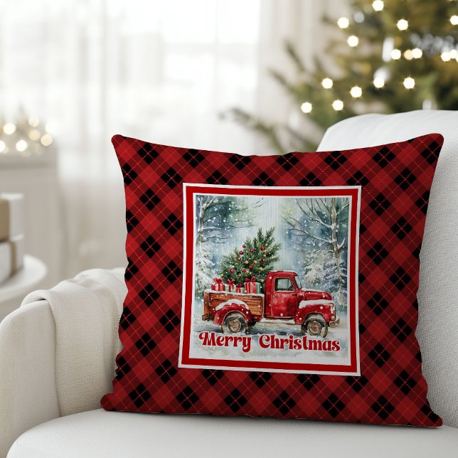 Feestelijke rode vrachtwagen Kerst scène rustieke  Kussen (Festive red truck Christmas scene rustic bold pillow tag

)
