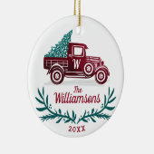 Feestelijke  Rode Vrachtwagen Kerstboom Monogram Keramisch Ornament (Rechts)
