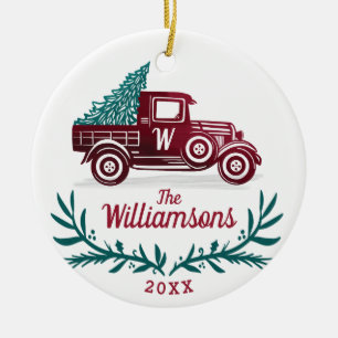 Feestelijke  Rode Vrachtwagen Kerstboom Monogram Keramisch Ornament