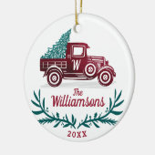 Feestelijke  Rode Vrachtwagen Kerstboom Monogram Keramisch Ornament (Links)