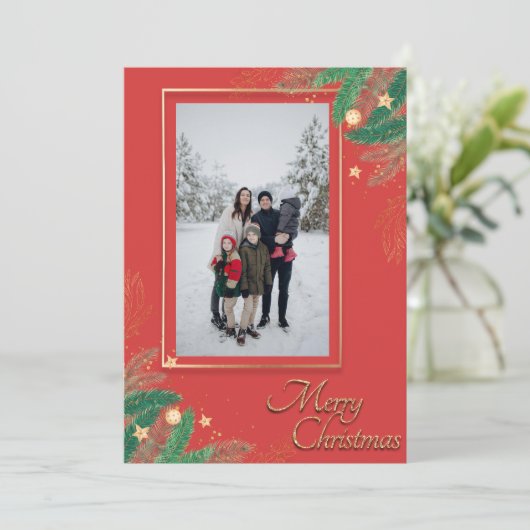 Feestelijke rode vrolijke kerstfoto feestdagenkaart (Staand voorkant)