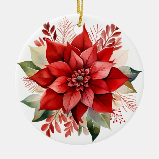 Feestelijke Rode Waterverf Kerstmis Poinsettia Keramisch Ornament (Voorkant)