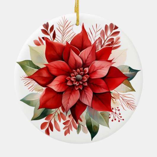Feestelijke Rode Waterverf Kerstmis Poinsettia Keramisch Ornament (Achterkant)