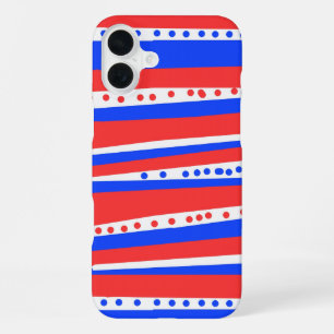 Feestelijke rode witte blauwe cirkels strepen iPhone 16 plus hoesje