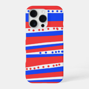 Feestelijke rode witte blauwe cirkels strepen iPhone 16 pro hoesje