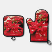 Feestelijke rode witte bloemen poinsettias kerst ovenwant & pannenlap set (Voorkant)