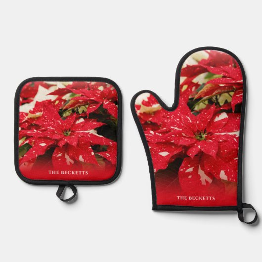 Feestelijke rode witte bloemen poinsettias kerst ovenwant & pannenlap set (Voorkant)