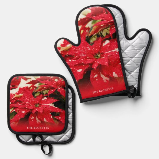Feestelijke rode witte bloemen poinsettias kerst ovenwant & pannenlap set (Voorkant / Achterkant)