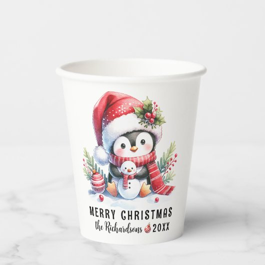 Feestelijke Rode Witte Schattigee Pinguïn Vrolijk  Papieren Bekers (Voorkant)