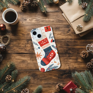 Feestelijke rood blauwe kerstkous iPhone 15 case