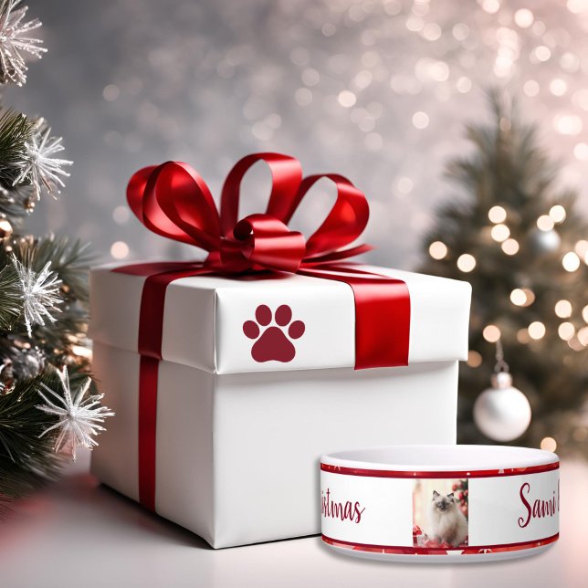 Feestelijke Rood en Wit sterren Vakantiefoto Voerbakje (Cat / Dog Photo Holiday Bowl)