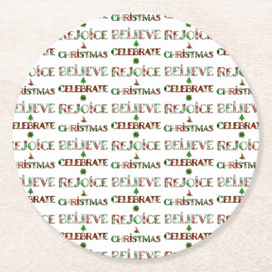 Feestelijke rood groene kersttypografie ronde kartonnen onderzetter (Voorkant)