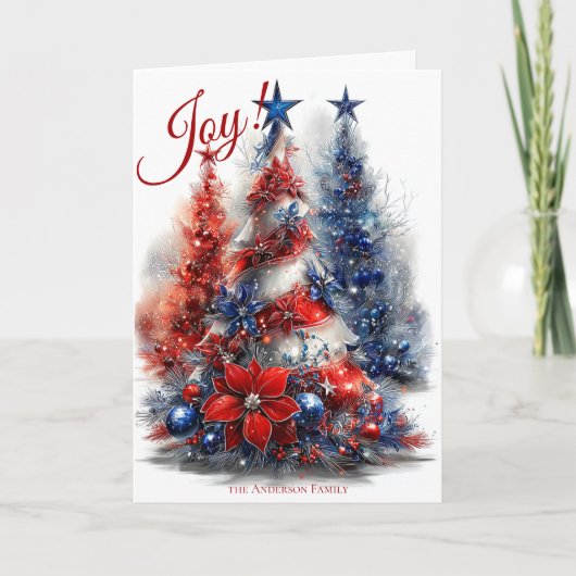 Feestelijke rood wit blauwe kerstbomen kaart (Voorkant)