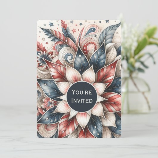 Feestelijke Rood Wit en Blauw Party Uitnodiging (Staand voorkant)