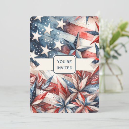 Feestelijke Rood Wit en Blauw Party Uitnodiging (Staand voorkant)