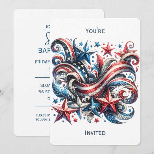 Feestelijke Rood Wit en Blauw Party Uitnodiging (Voorkant / Achterkant)