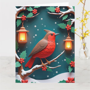 Feestelijke Roodborst op Hulsttak Kerstmis Kaart