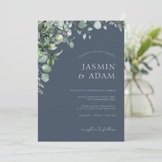 Feestelijke Royal Blue weelde eucalyptus bruiloft Kaart (Staand voorkant)