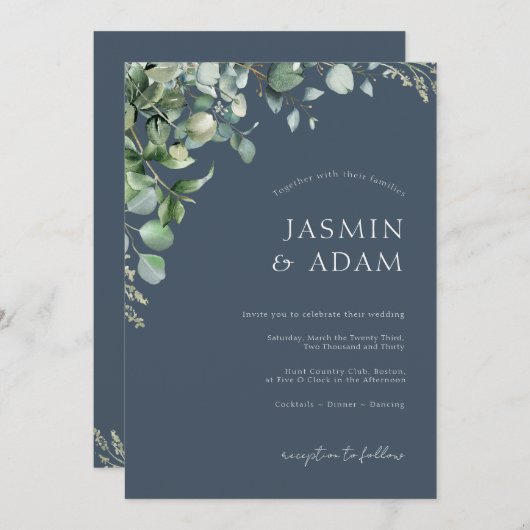 Feestelijke Royal Blue weelde eucalyptus bruiloft Kaart (Voorkant / Achterkant)