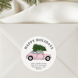 Feestelijke Roze Auto Kerstboom Retouradres Ronde Sticker