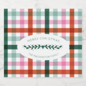 Feestelijke Roze en Groene Gingham Kerstmis Sparkling Wijnetiket (Enkel label)