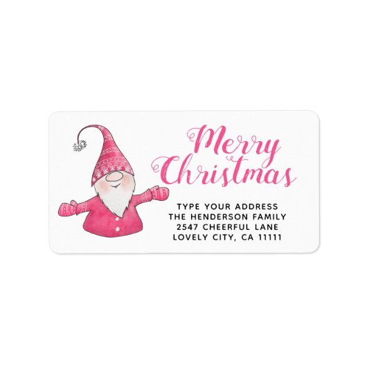 Feestelijke Roze en Witte Schattigee Gnoom Vrolijk Etiket (Voorkant)