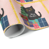 Feestelijke Roze Gouden Kerstmis Zwarte Kat Koffie Cadeaupapier (Rol Hoek)