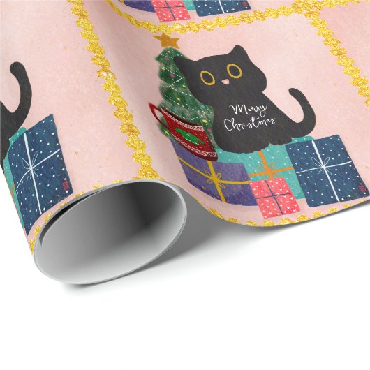 Feestelijke Roze Gouden Kerstmis Zwarte Kat Koffie Cadeaupapier (Rol Hoek)