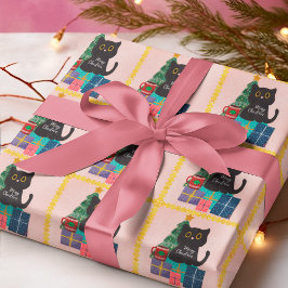 Feestelijke Roze Gouden Kerstmis Zwarte Kat Koffie Cadeaupapier