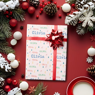 Feestelijke Roze Kerst Herhalende Naam Persoonlijk Cadeaupapier
