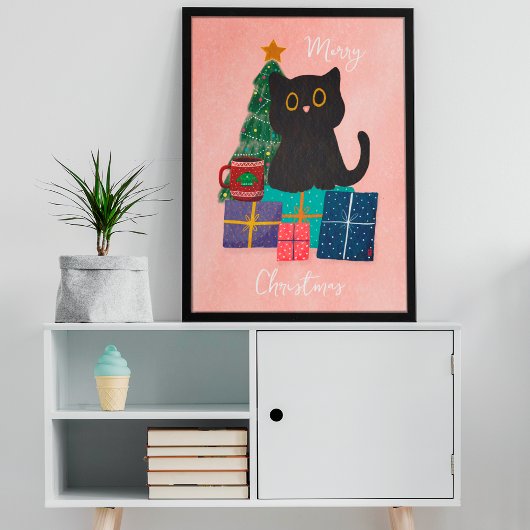 Feestelijke Roze Kerst Schattigee Kat Koffie Wall  Poster