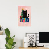 Feestelijke Roze Kerst Schattigee Kat Koffie Wall  Poster (Thuiskantoor)