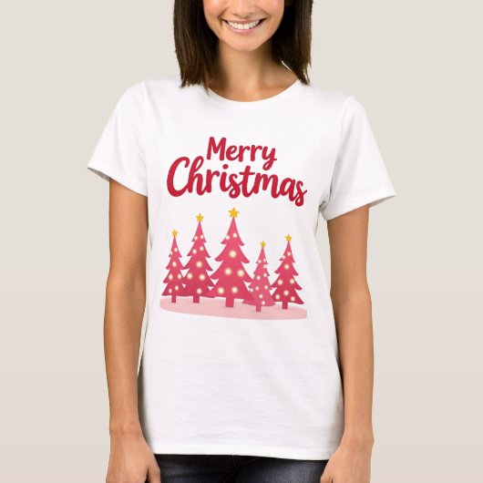Feestelijke Roze Kerstbomen 'Vrolijk Kerstfeest' T-shirt (Voorkant)