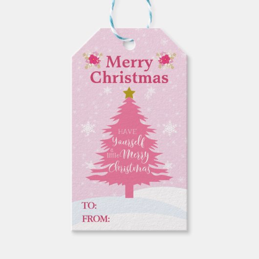 Feestelijke roze kerstboom cadeaulabel (Voorkant)