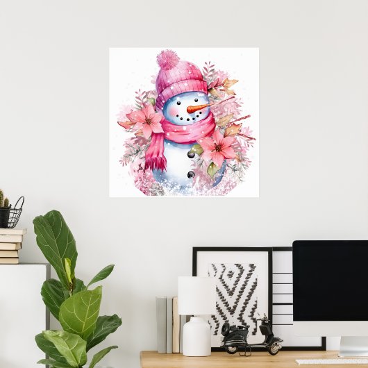 Feestelijke roze Kerstmis sneeuw vrouw Poster (Thuiskantoor)