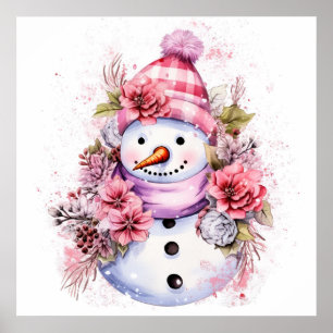 Feestelijke roze Kerstmis sneeuw vrouw Poster