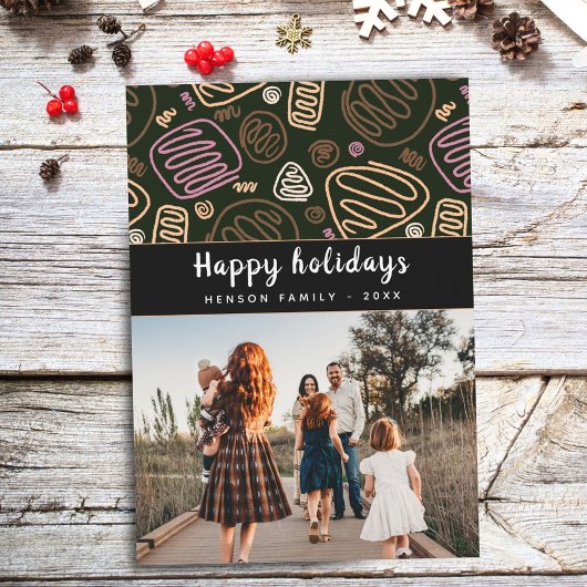 Feestelijke roze one line art Kerst familie foto Feestdagenkaart