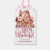 Feestelijke roze peperkoek huis kerst gunst cadeaulabel (Voorkant)