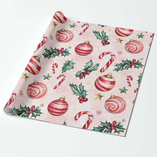 Feestelijke roze rode vintage kerst cadeaupapier (Uitgerold)