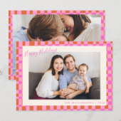 Feestelijke Roze Sinaasappel Checkerboard Border 2 Feestdagenkaart (Voorkant / Achterkant)