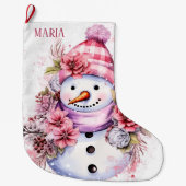 Feestelijke roze sneeuw vrouw voeg naam toe grote kerstsok (Voorkant)