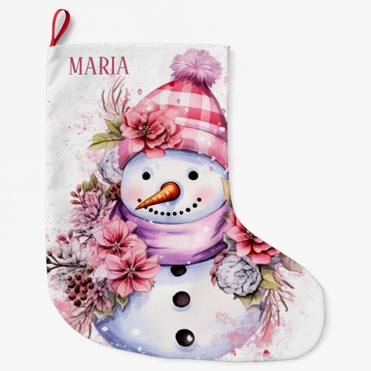 Feestelijke roze sneeuw vrouw voeg naam toe grote kerstsok (Voorkant)