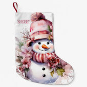 Feestelijke roze sneeuw vrouw voeg naam toe kleine kerstsok (Voorkant)