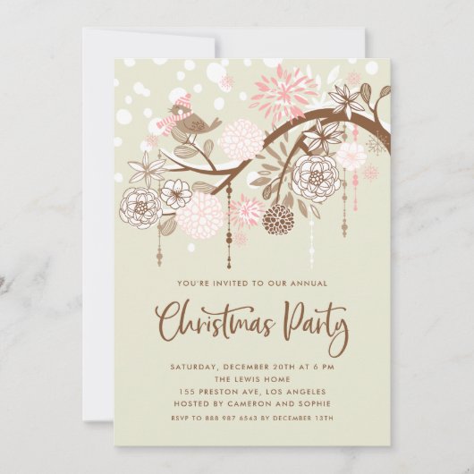 Feestelijke Roze Vogel en Bloemen Kerstfeest Kaart (Voorkant)