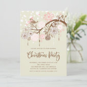 Feestelijke Roze Vogel en Bloemen Kerstfeest Kaart (Staand voorkant)