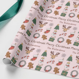 Feestelijke roze vrolijk kerstfeest leuk vakantiep cadeaupapier