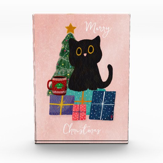 Feestelijke Roze Vrolijk Kerstfeest Schattigee Kat Fotoblokken (Voorkant)