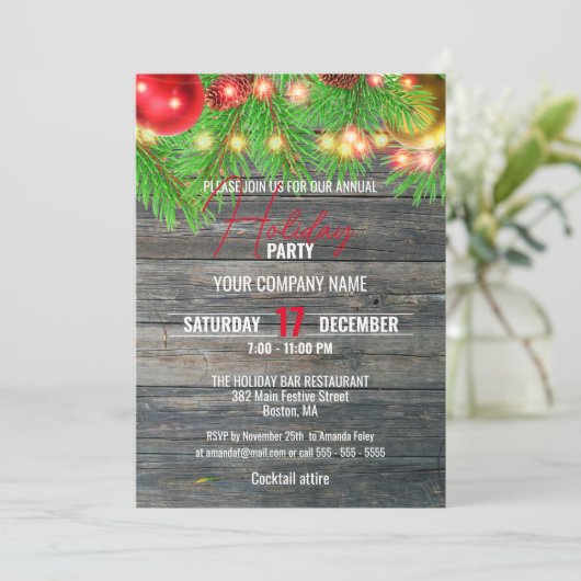 Feestelijke rustieke zakelijke kerstfeestje kaart (Staand voorkant)