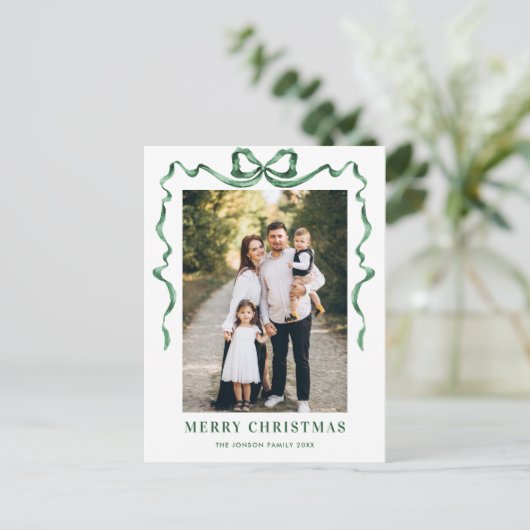 Feestelijke Sage Green Christmas Bow Ribbon 2 Foto Briefkaart (Staand voorkant)